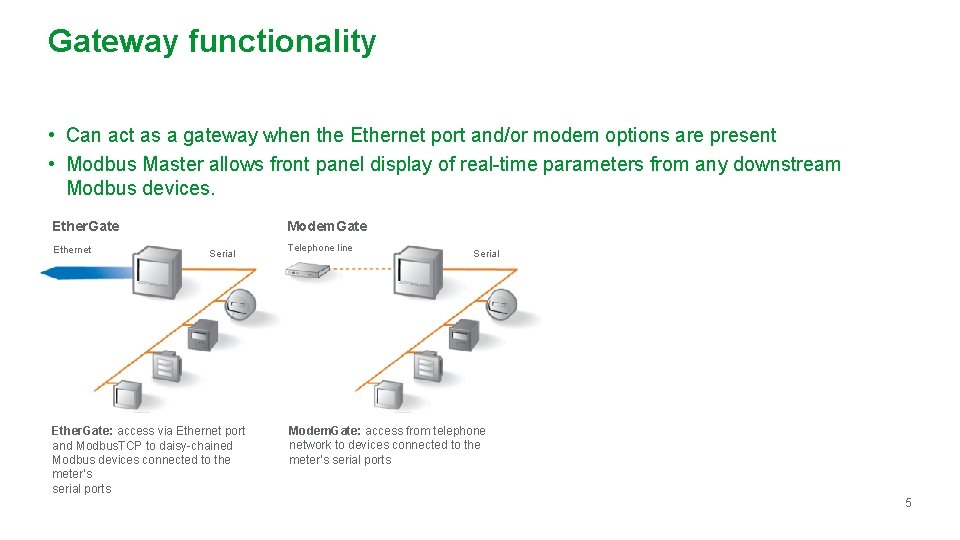 Gateway functionality • Can act as a gateway when the Ethernet port and/or modem