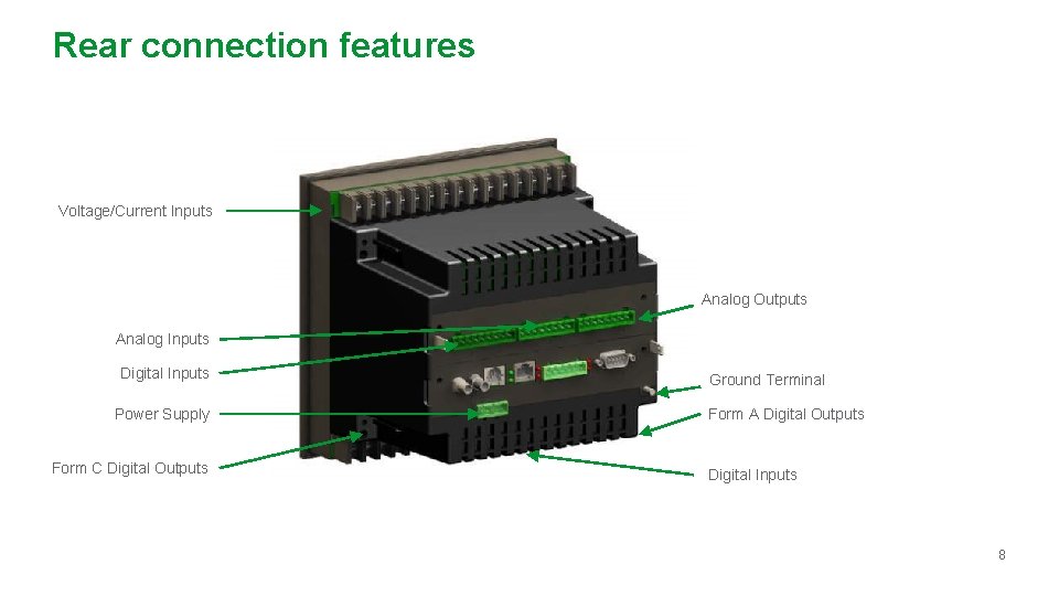 Rear connection features Voltage/Current Inputs Analog Outputs Analog Inputs Digital Inputs Power Supply Form