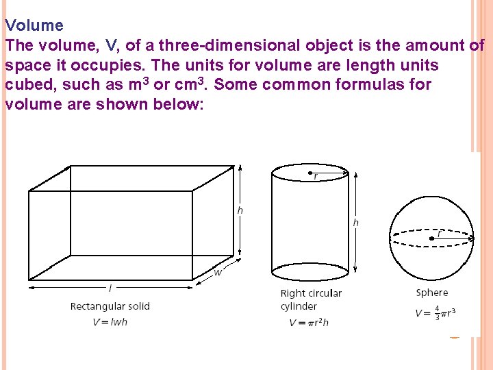 Volume The volume, V, of a three-dimensional object is the amount of space it