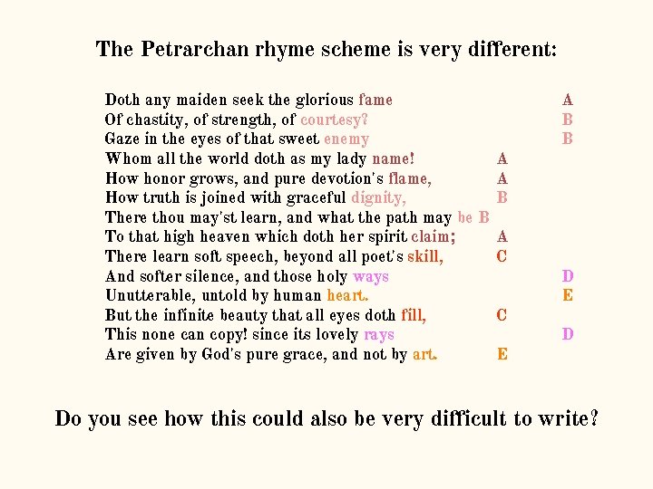 The Petrarchan rhyme scheme is very different: Doth any maiden seek the glorious fame The Petrarchan rhyme scheme is very different: Doth any maiden seek the glorious fame