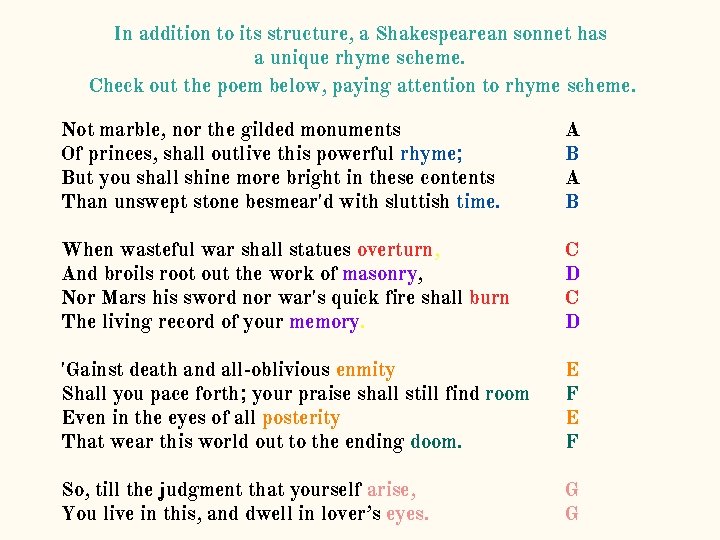 In addition to its structure, a Shakespearean sonnet has a unique rhyme scheme. Check In addition to its structure, a Shakespearean sonnet has a unique rhyme scheme. Check