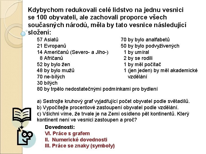 Kdybychom redukovali celé lidstvo na jednu vesnici se 100 obyvateli, ale zachovali proporce všech