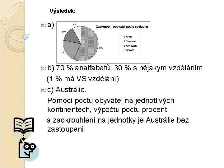 Výsledek: a) b) 70 % analfabetů; 30 % s nějakým vzděláním (1 % má