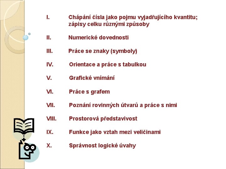 I. Chápání čísla jako pojmu vyjadřujícího kvantitu; zápisy celku různými způsoby II. Numerické dovednosti