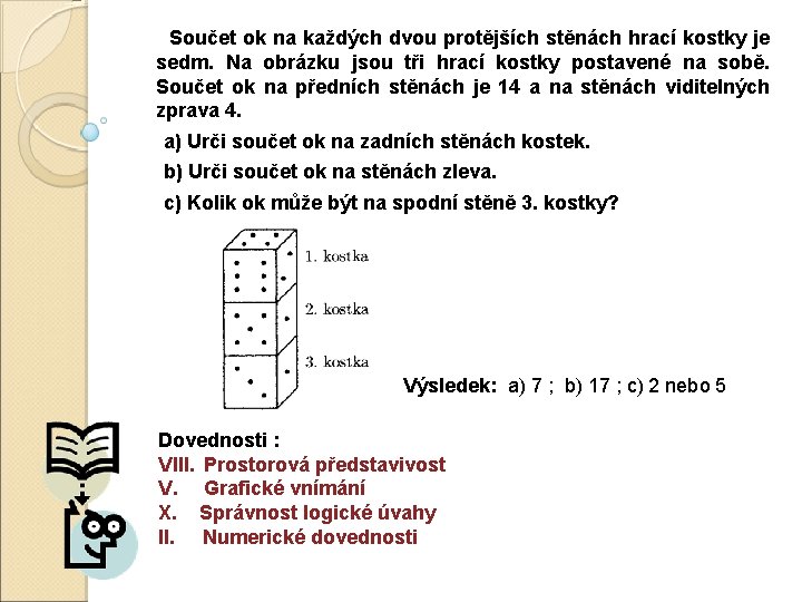 Součet ok na každých dvou protějších stěnách hrací kostky je sedm. Na obrázku jsou