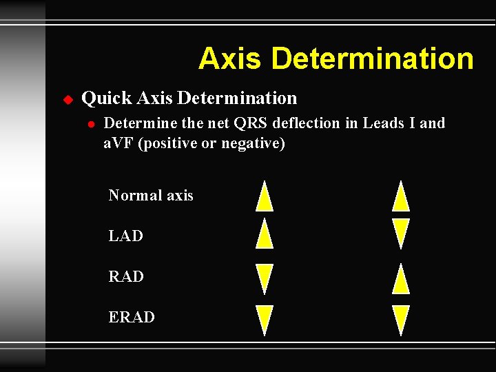 Axis Determination u Quick Axis Determination l Determine the net QRS deflection in Leads