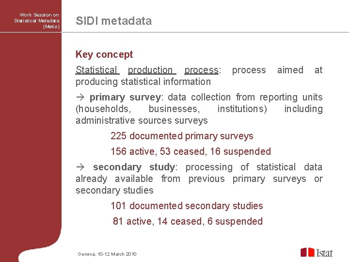 Work Session on Statistical Metadata (Metis) SIDI metadata Key concept Statistical production process: producing