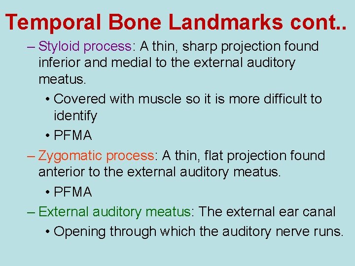 Temporal Bone Landmarks cont. . – Styloid process: A thin, sharp projection found inferior