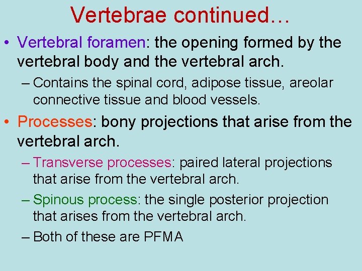 Vertebrae continued… • Vertebral foramen: the opening formed by the vertebral body and the