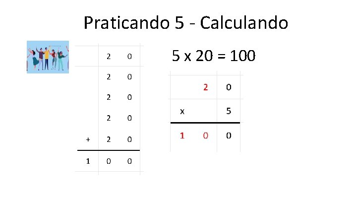 Praticando 5 - Calculando 5 x 20 = 100 