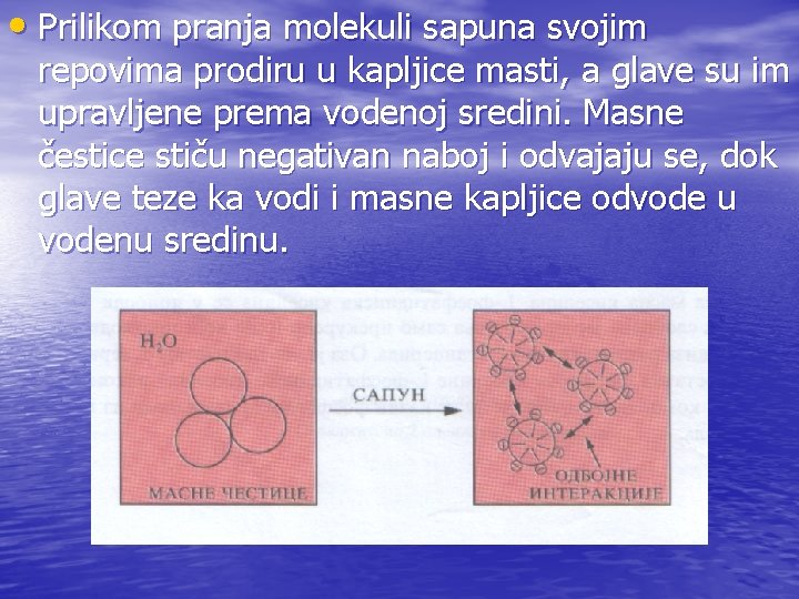  • Prilikom pranja molekuli sapuna svojim repovima prodiru u kapljice masti, a glave