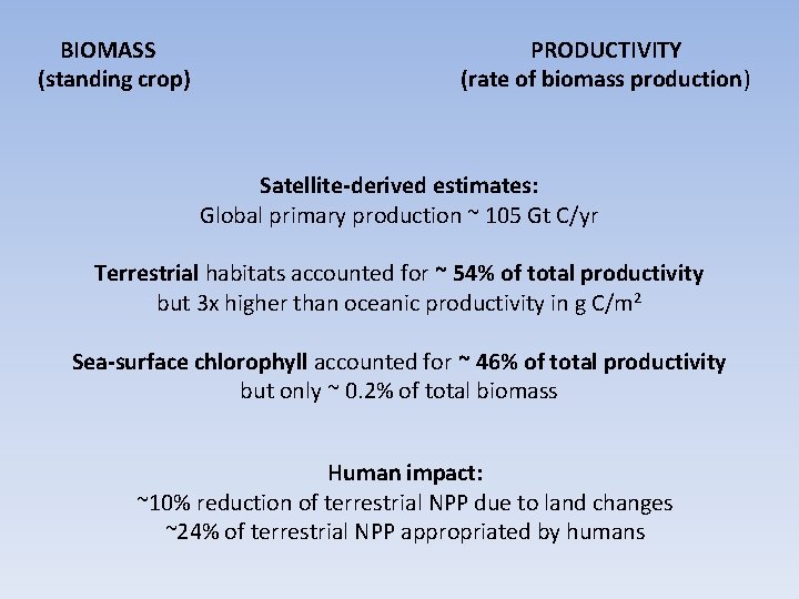 BIOMASS (standing crop) PRODUCTIVITY (rate of biomass production) Satellite-derived estimates: Global primary production ~