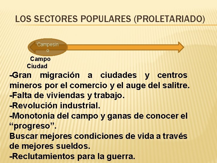 LOS SECTORES POPULARES (PROLETARIADO) Campesin o Campo Ciudad -Gran migración a ciudades y centros