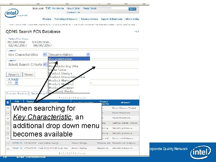 When searching for Key Characteristic, an additional drop down menu becomes available 28 Intel When searching for Key Characteristic, an additional drop down menu becomes available 28 Intel
