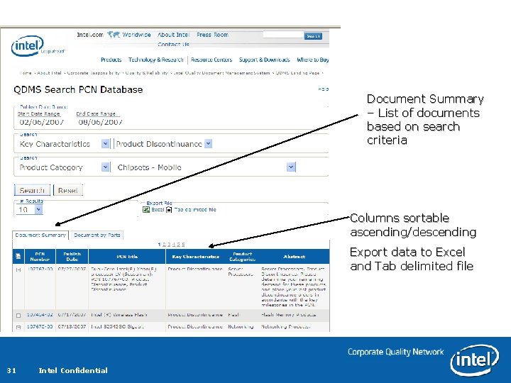 Document Summary – List of documents based on search criteria Columns sortable ascending/descending Export Document Summary – List of documents based on search criteria Columns sortable ascending/descending Export