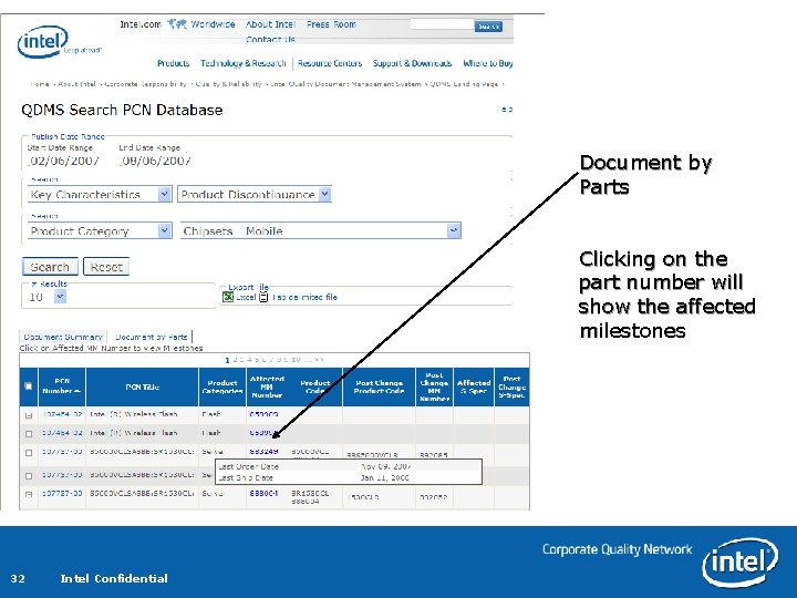 Document by Parts Clicking on the part number will show the affected milestones 32 Document by Parts Clicking on the part number will show the affected milestones 32