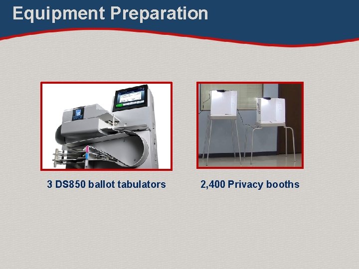 Equipment Preparation 3 DS 850 ballot tabulators 2, 400 Privacy booths 