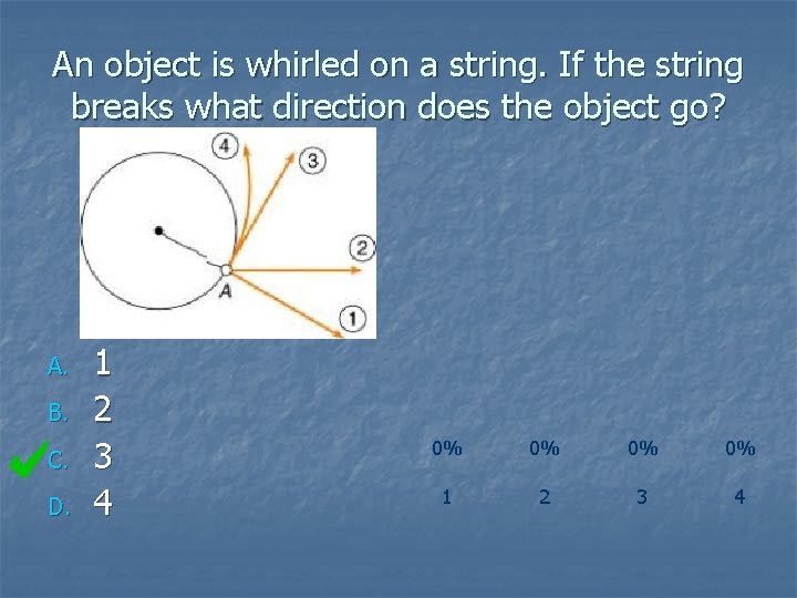 An object is whirled on a string. If the string breaks what direction does