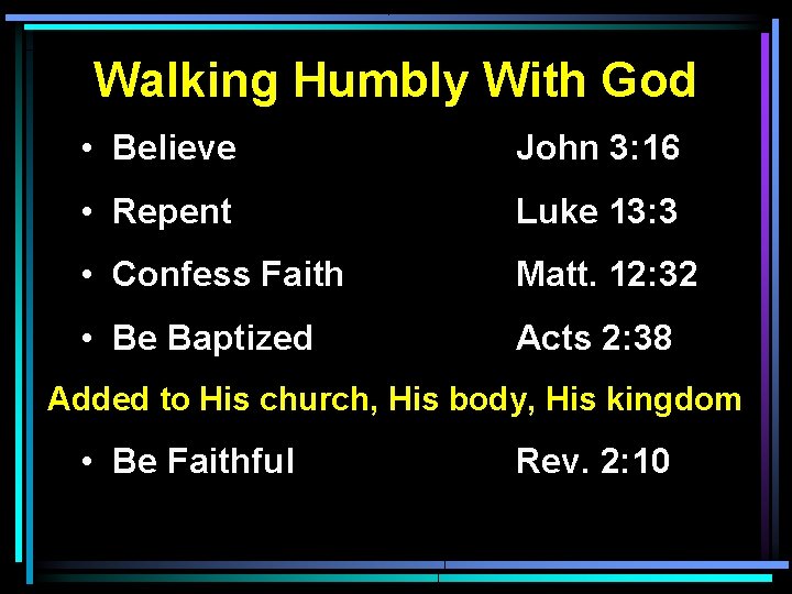 Walking Humbly With God • Believe John 3: 16 • Repent Luke 13: 3