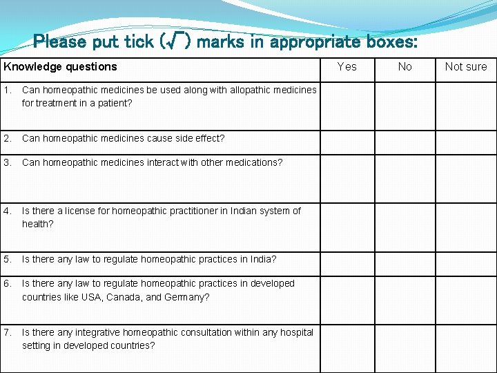 Please put tick (√) marks in appropriate boxes: Knowledge questions 1. Can homeopathic medicines