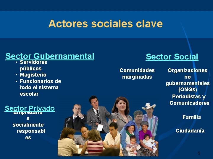 Actores sociales clave Sector Gubernamental • Servidores públicos • Magisterio • Funcionarios de todo