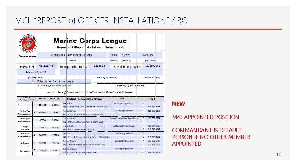 MCL “REPORT of OFFICER INSTALLATION” / ROI NEW M 4 L APPOINTED POSITION COMMANDANT