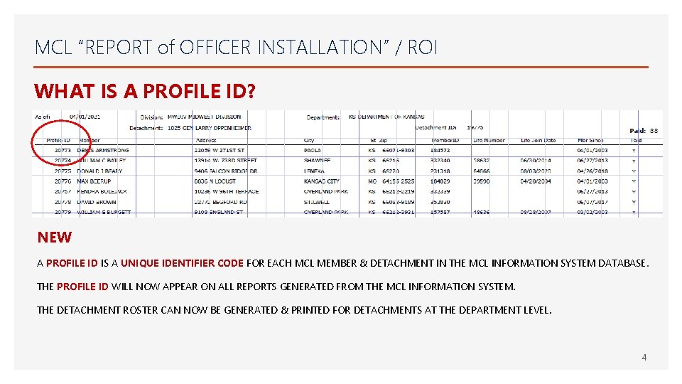 MCL “REPORT of OFFICER INSTALLATION” / ROI WHAT IS A PROFILE ID? NEW A