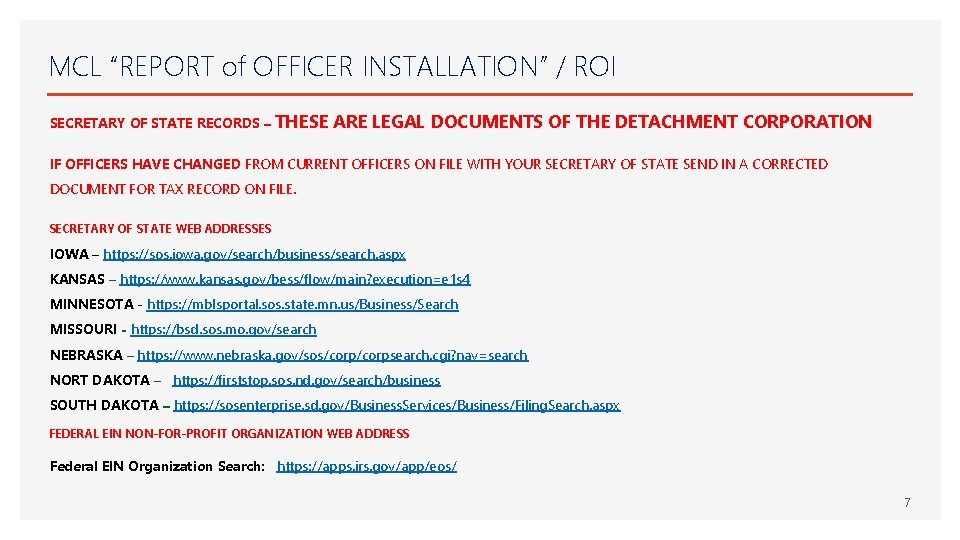 MCL “REPORT of OFFICER INSTALLATION” / ROI SECRETARY OF STATE RECORDS – THESE ARE