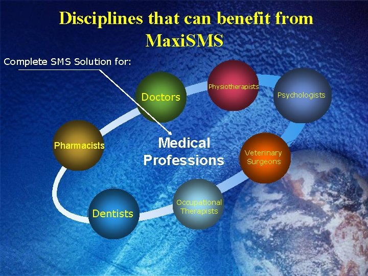 Disciplines that can benefit from Maxi. SMS Complete SMS Solution for: Physiotherapists Doctors Pharmacists