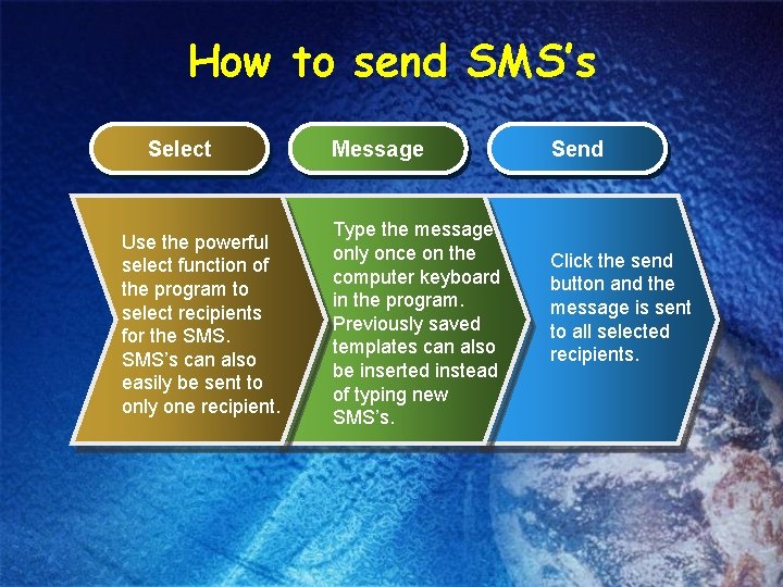 How to send SMS’s Select Use the powerful select function of the program to