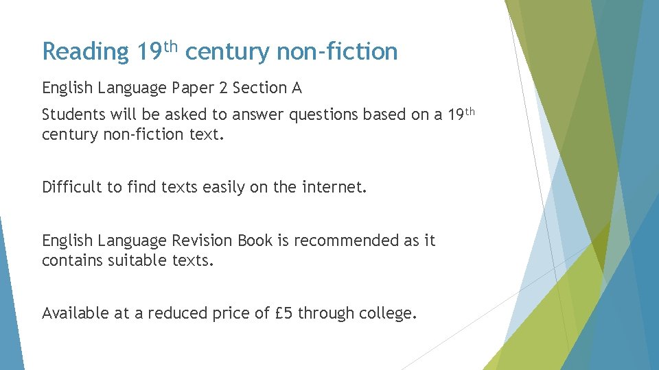 Reading 19 th century non-fiction English Language Paper 2 Section A Students will be