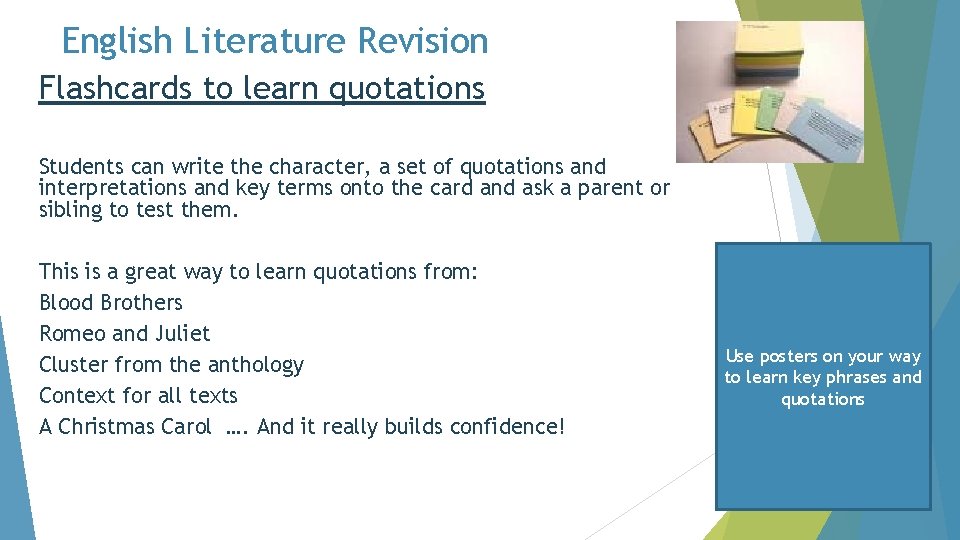 English Literature Revision Flashcards to learn quotations Students can write the character, a set