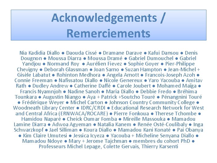 Acknowledgements / Remerciements Nia Kadidia Diallo ● Daouda Cissé ● Dramane Darave ● Kafui