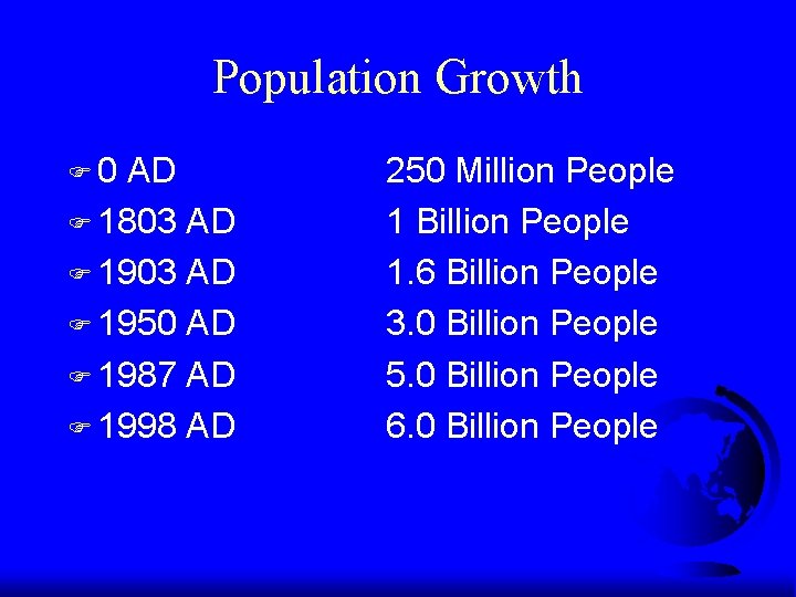 Population Growth F 0 AD F 1803 AD F 1950 AD F 1987 AD