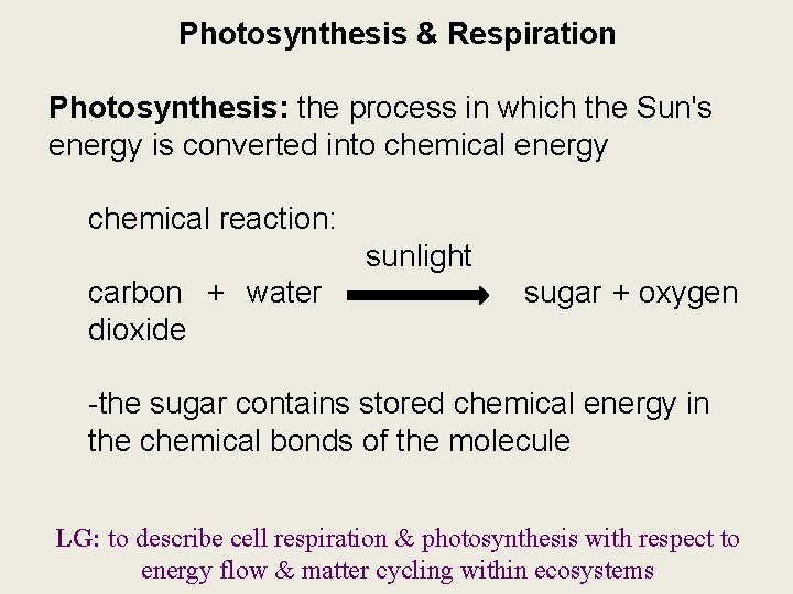 Photosynthesis & Respiration Photosynthesis: the process in which the Sun's energy is converted into