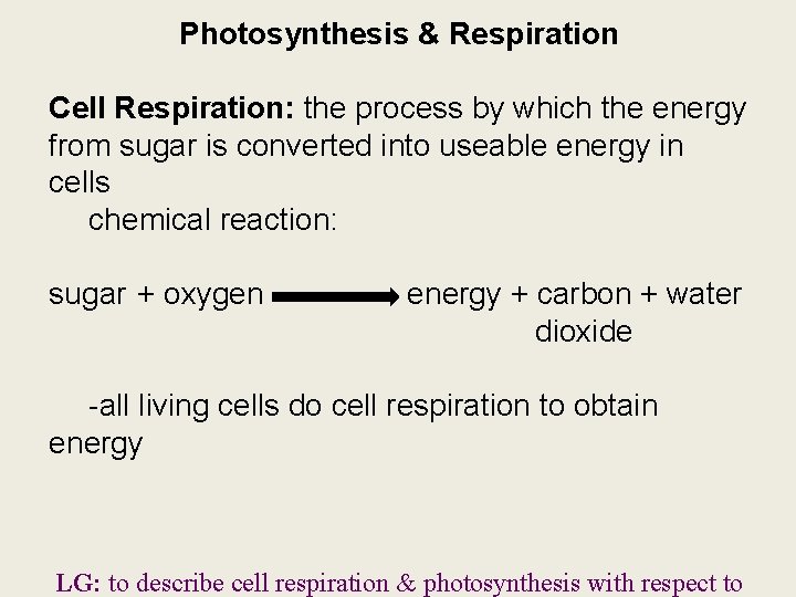 Photosynthesis & Respiration Cell Respiration: the process by which the energy from sugar is