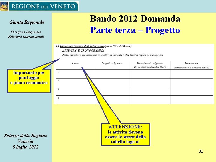 Giunta Regionale Direzione Regionale Relazioni Internazionali Bando 2012 Domanda Parte terza – Progetto Importante