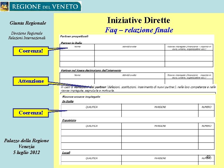 Giunta Regionale Direzione Regionale Relazioni Internazionali Iniziative Dirette Faq – relazione finale Coerenza! Attenzione