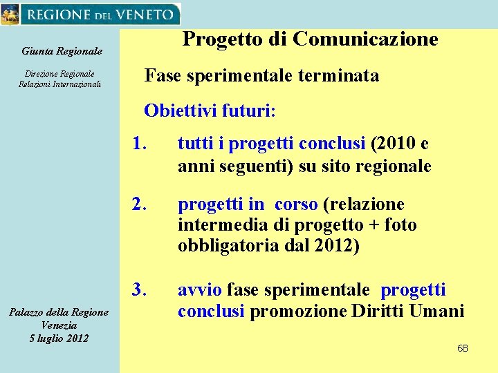 Progetto di Comunicazione Giunta Regionale Direzione Regionale Relazioni Internazionali Fase sperimentale terminata Obiettivi futuri: