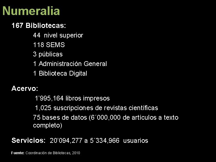 Numeralia 167 Bibliotecas: 44 nivel superior 118 SEMS 3 públicas 1 Administración General 1