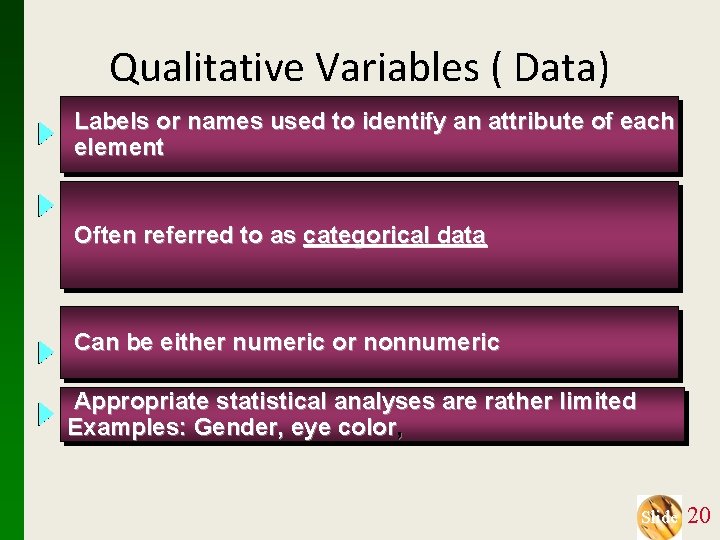 Qualitative Variables ( Data) Labels or names used to identify an attribute of each