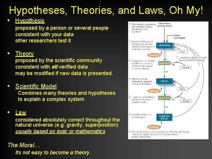 Hypotheses, Theories, and Laws, Oh My! • Hypothesis proposed by a person or several