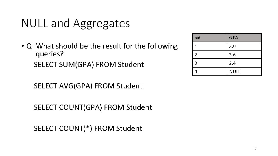 NULL and Aggregates • Q: What should be the result for the following queries?