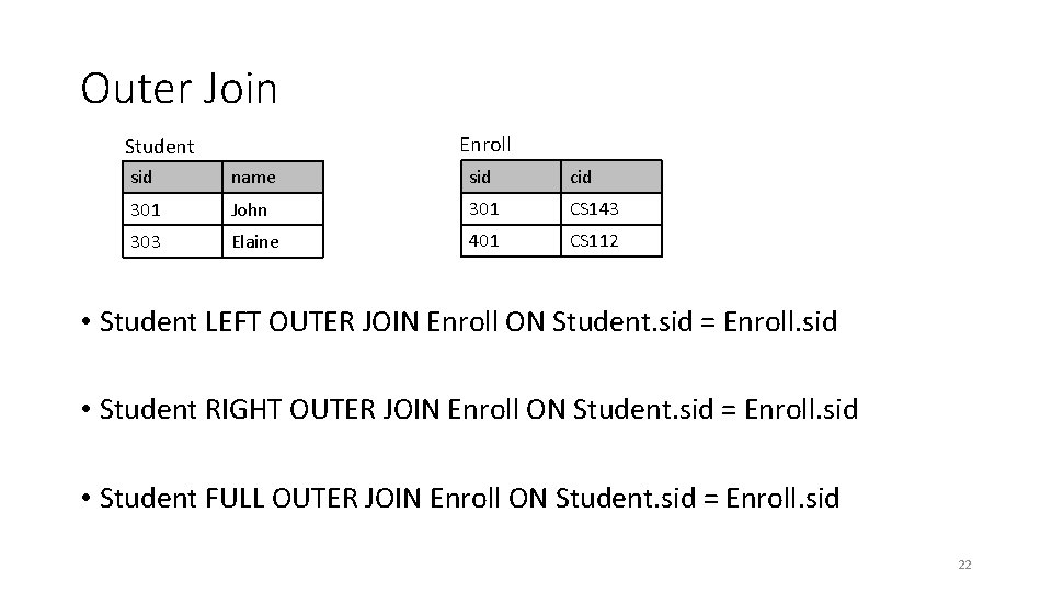 Outer Join Enroll Student sid name sid cid 301 John 301 CS 143 303
