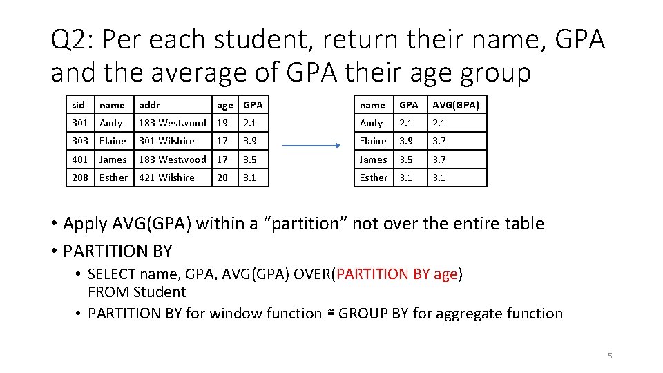 Q 2: Per each student, return their name, GPA and the average of GPA