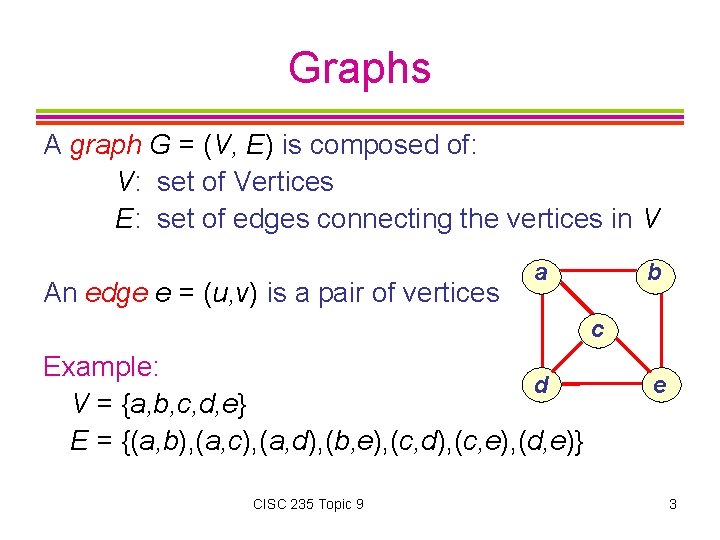 Graphs A graph G = (V, E) is composed of: V: set of Vertices