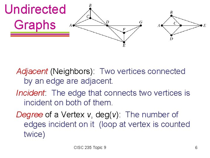 Undirected Graphs Adjacent (Neighbors): Two vertices connected by an edge are adjacent. Incident: The