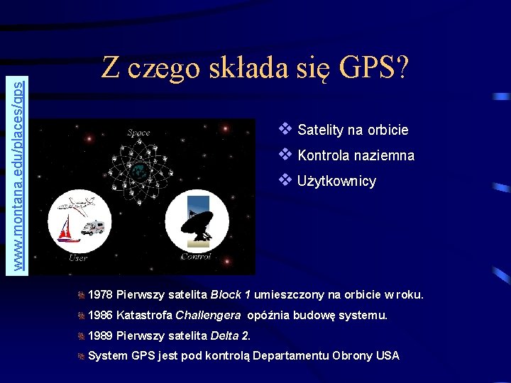 www. montana. edu/places/gps Z czego składa się GPS? v Satelity na orbicie v Kontrola