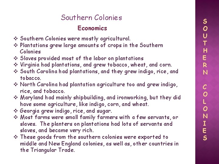 Southern Colonies Economics v Southern Colonies were mostly agricultural. v Plantations grew large amounts
