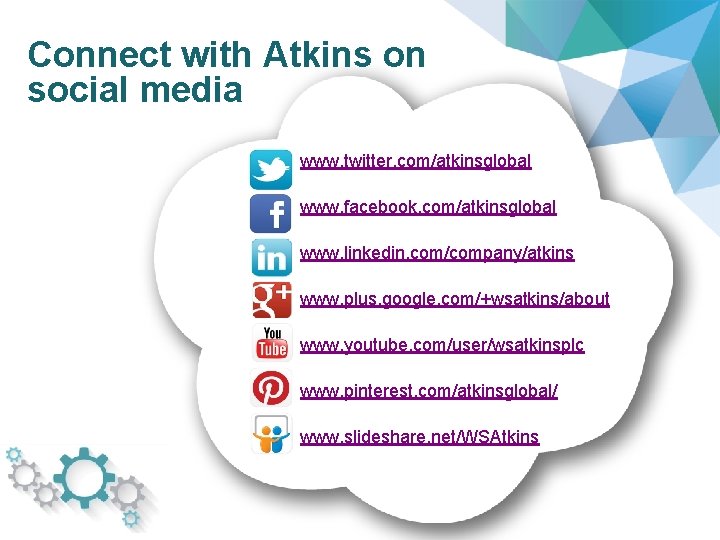 Connect with Atkins on social media www. twitter. com/atkinsglobal www. facebook. com/atkinsglobal www. linkedin.